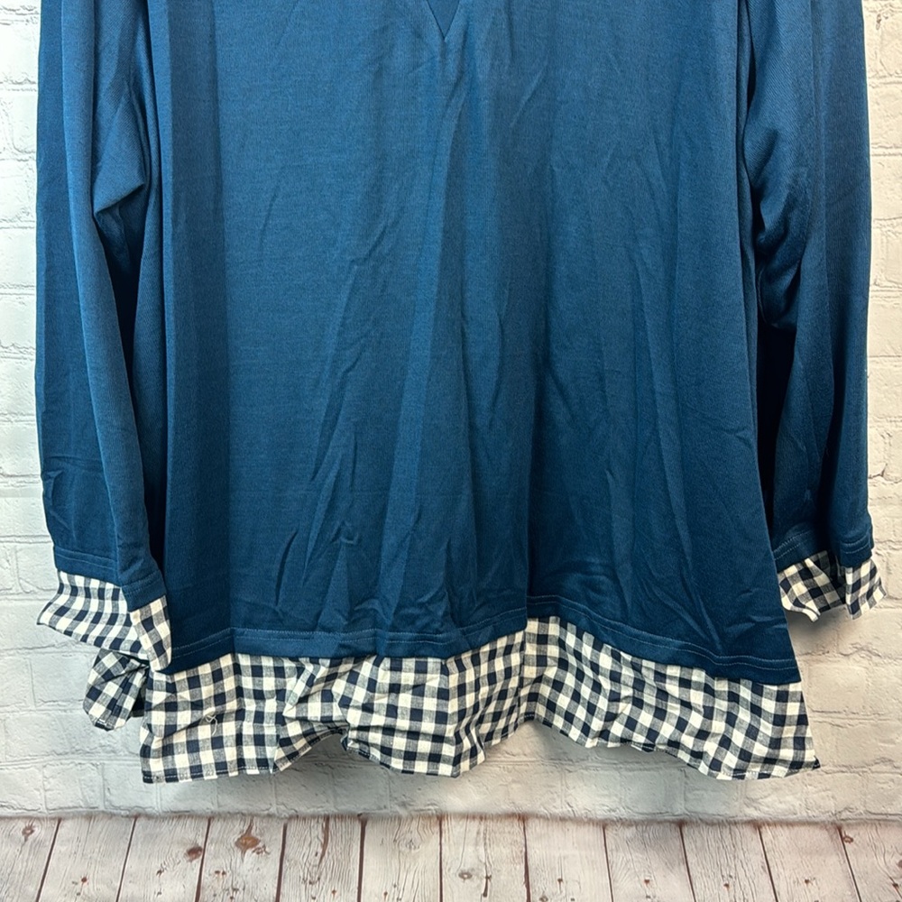 BloomChic Teal Blue And Check Pattern Layered Look Long Sleeve Top Plus 2X 6X - Picture 6 of 7